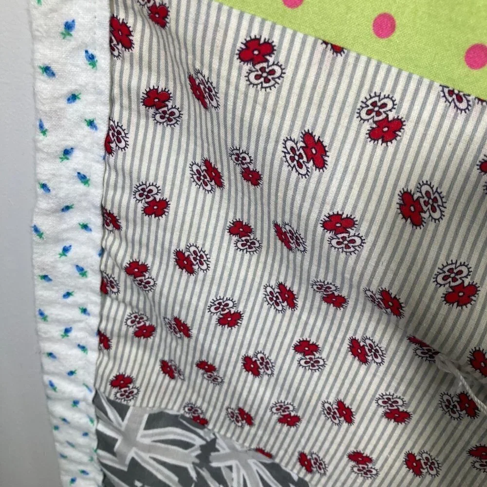 Handmade Hand Tied Baby Quilt Large Multicolored Stripes White Blue Rose Flannel